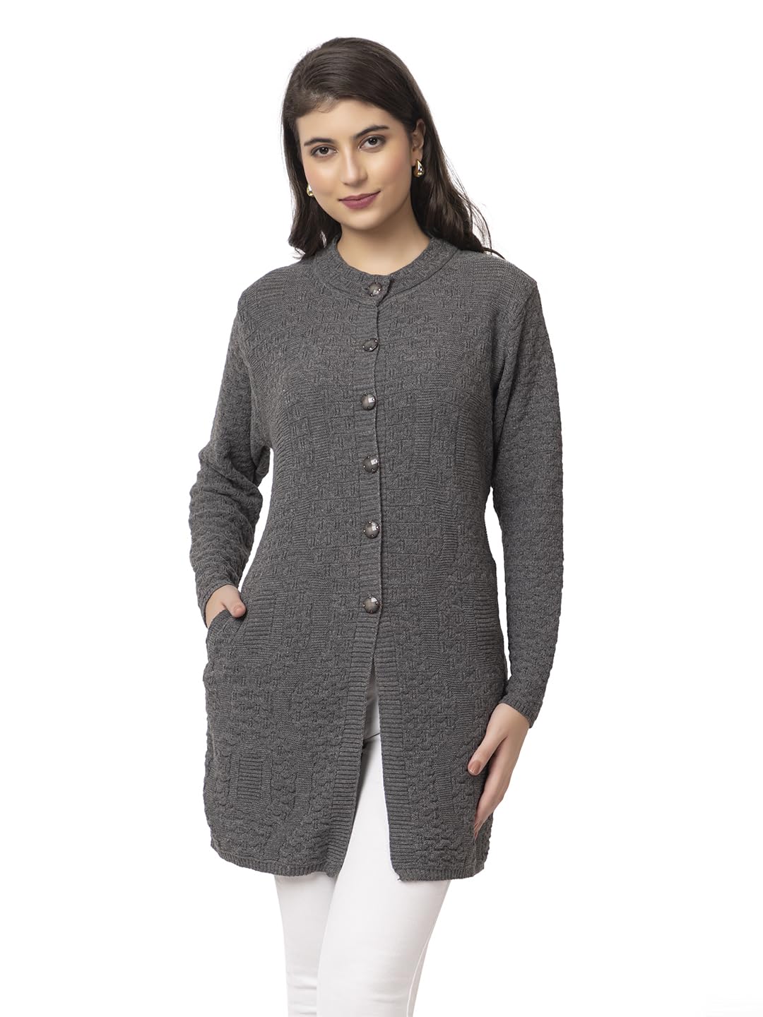 DADU DAYAL Women's Woolen Long Cardigan - Waves Pattern Winter Coat, Warm & Stylish Knitwear