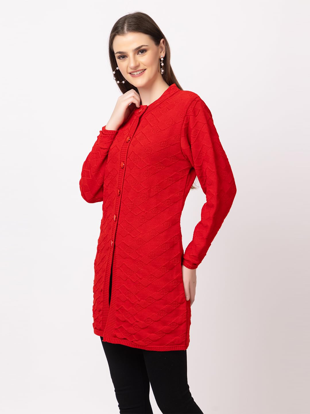 DADU DAYAL Women's Woolen Long Cardigan - Boxes Pattern Winter Coat, Warm & Stylish Knitwear