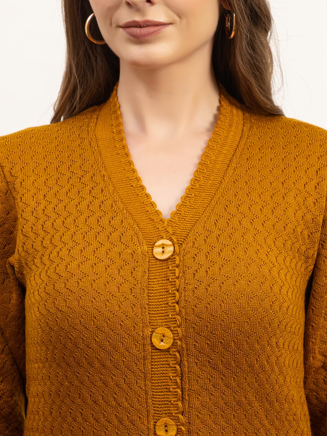 Dadu Dayal Women’s Acrylic Wool V-Neck Cardigan | Lightweight Scallop Border Buttoned Sweater | Winterwear for Women for Office, Travel, Casual Outfits | Stylish Slim Fit