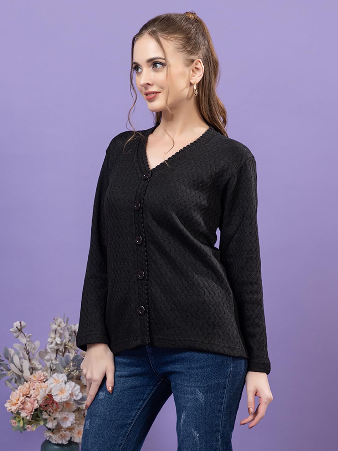 Dadu Dayal Women’s Acrylic Wool V-Neck Cardigan | Lightweight Scallop Border Buttoned Sweater | Winterwear for Women for Office, Travel, Casual Outfits | Stylish Slim Fit