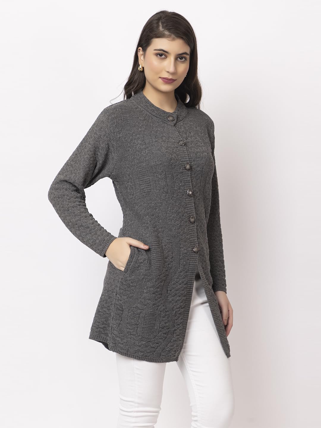 DADU DAYAL Women's Woolen Long Cardigan - Waves Pattern Winter Coat, Warm & Stylish Knitwear