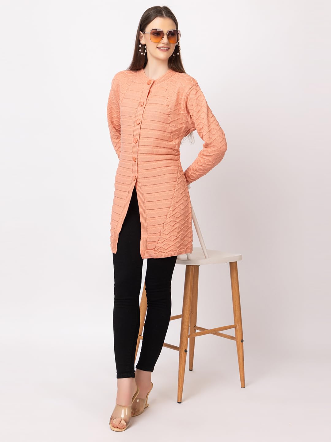 DADU DAYAL Women's Woolen Cardigan - Long Horizontal Lines Geometric Pattern Winter Coat, Warm & Stylish Knitwear