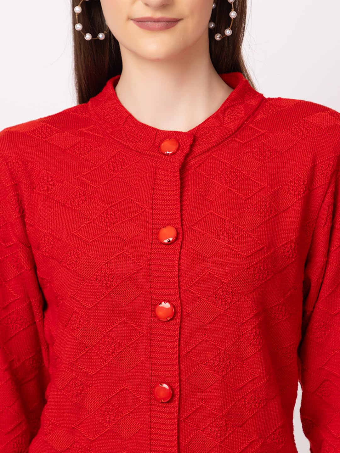 DADU DAYAL Women's Woolen Long Cardigan - Boxes Pattern Winter Coat, Warm & Stylish Knitwear