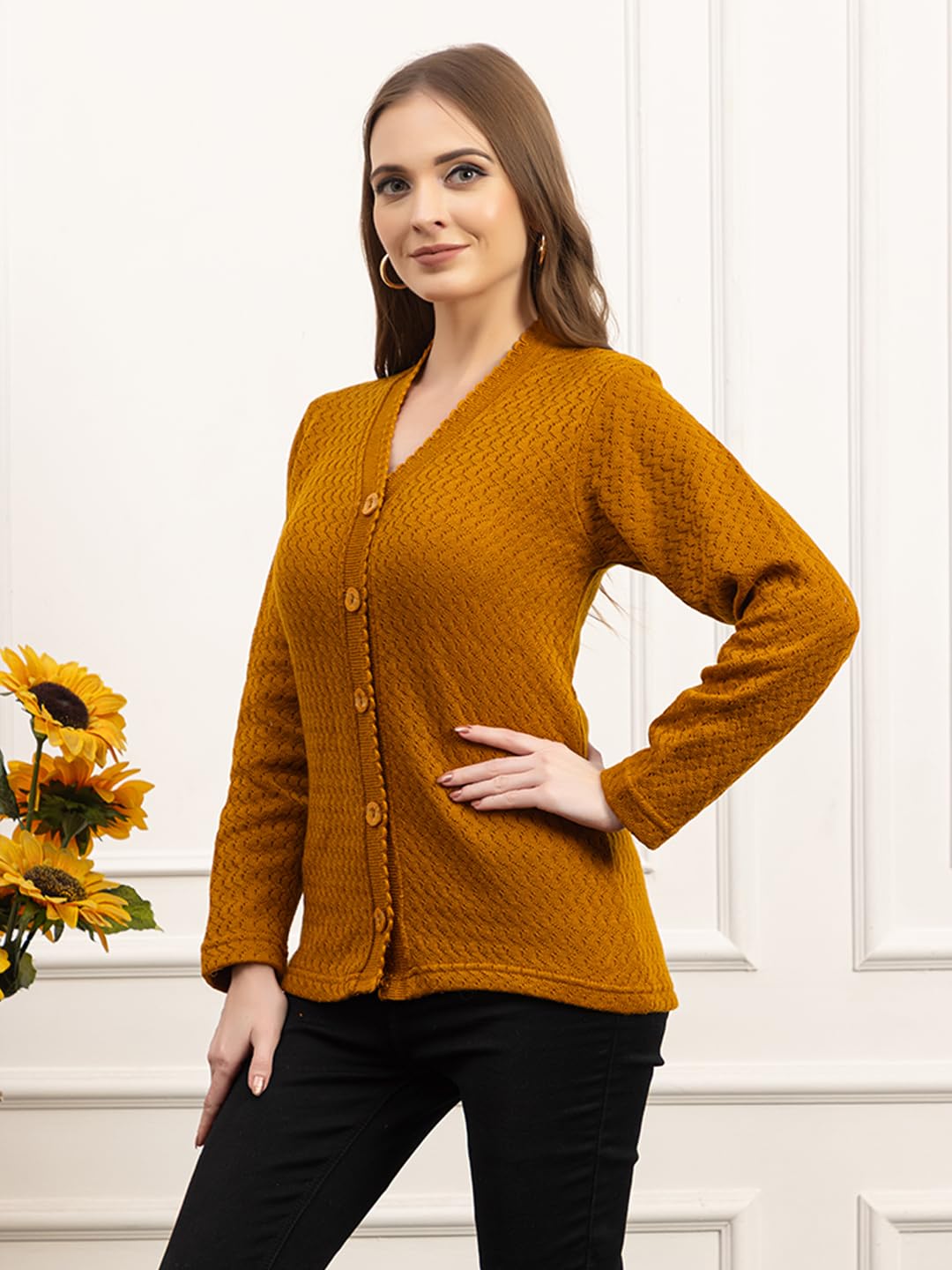 Dadu Dayal Women’s Acrylic Wool V-Neck Cardigan | Lightweight Scallop Border Buttoned Sweater | Winterwear for Women for Office, Travel, Casual Outfits | Stylish Slim Fit