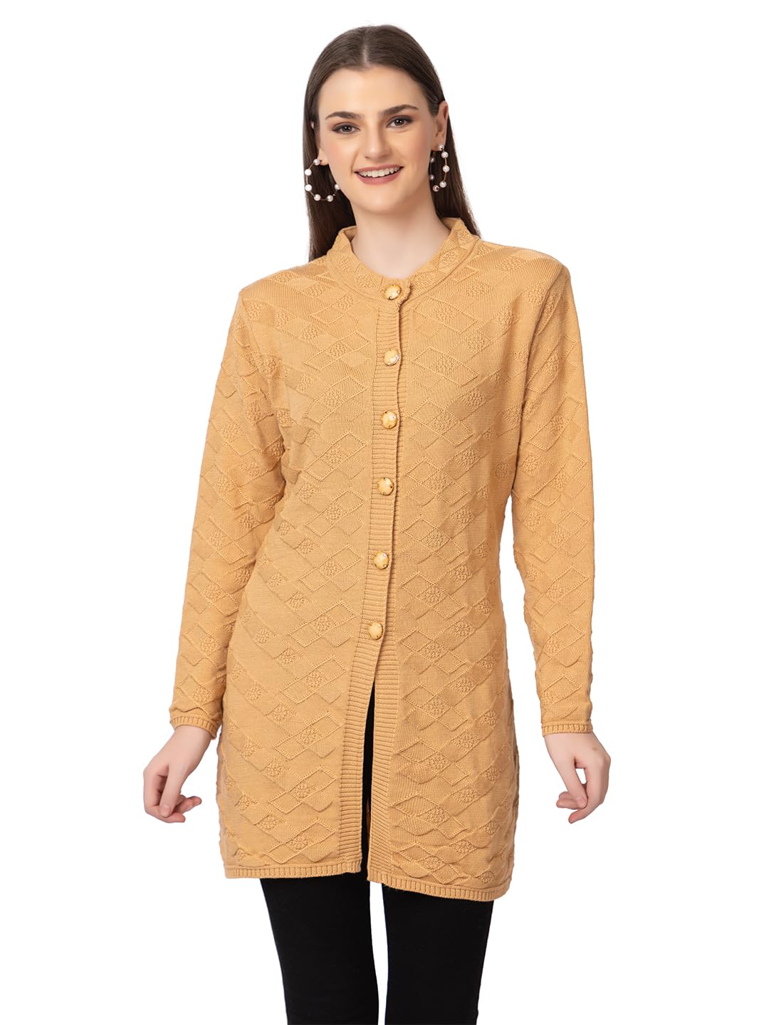 DADU DAYAL Women's Woolen Long Cardigan - Boxes Pattern Winter Coat, Warm & Stylish Knitwear