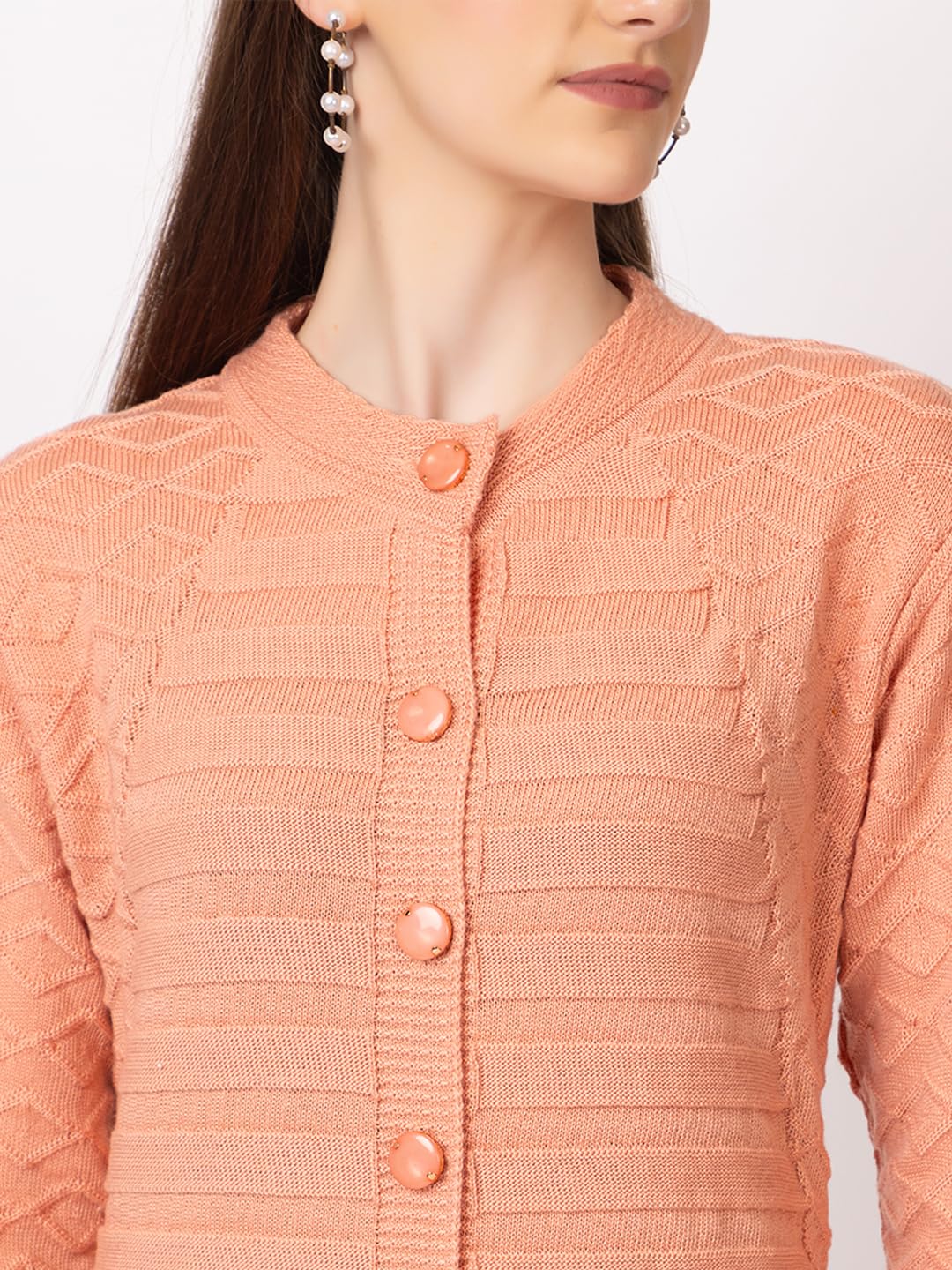 DADU DAYAL Women's Woolen Cardigan - Long Horizontal Lines Geometric Pattern Winter Coat, Warm & Stylish Knitwear