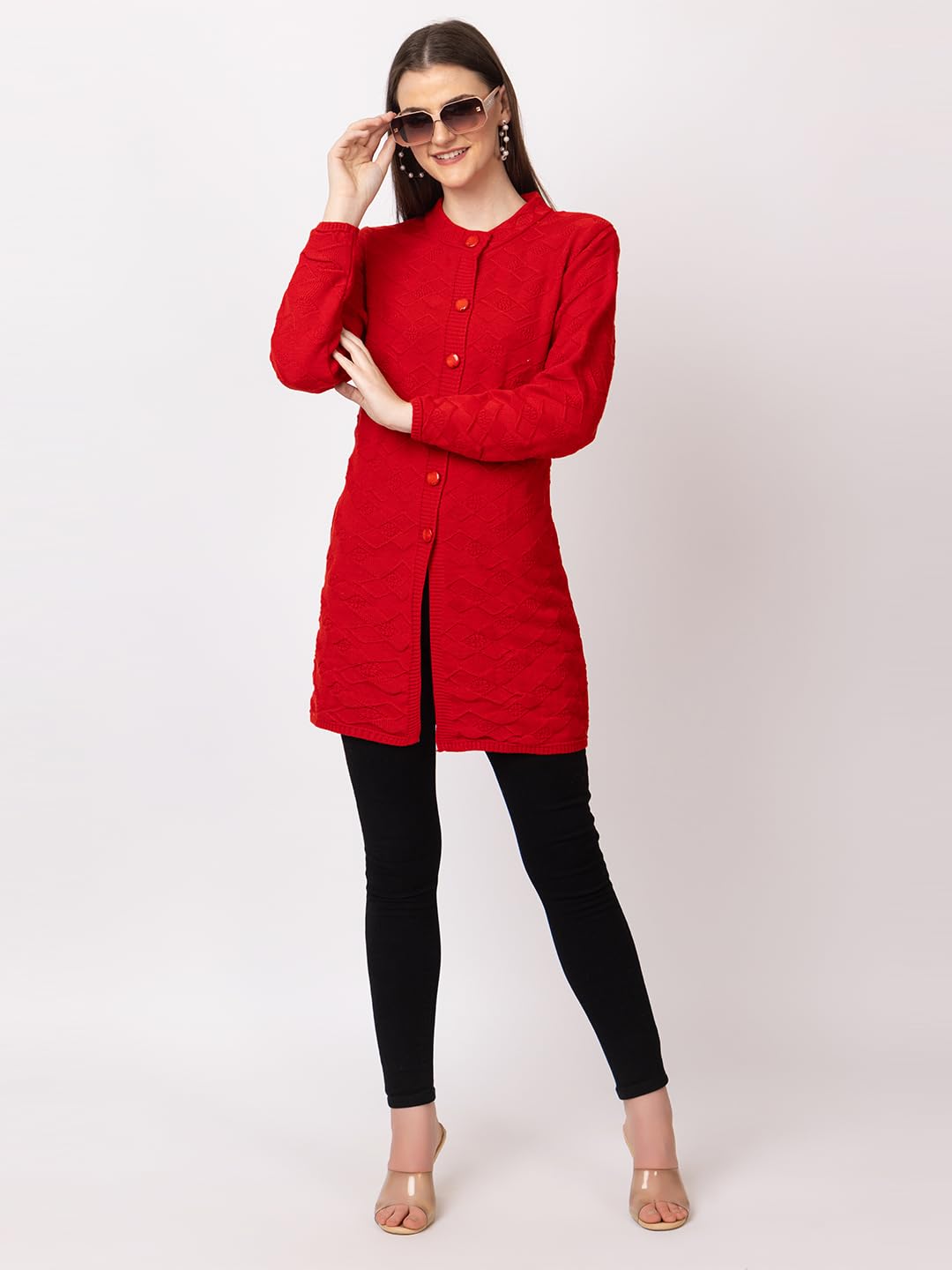 DADU DAYAL Women's Woolen Long Cardigan - Boxes Pattern Winter Coat, Warm & Stylish Knitwear