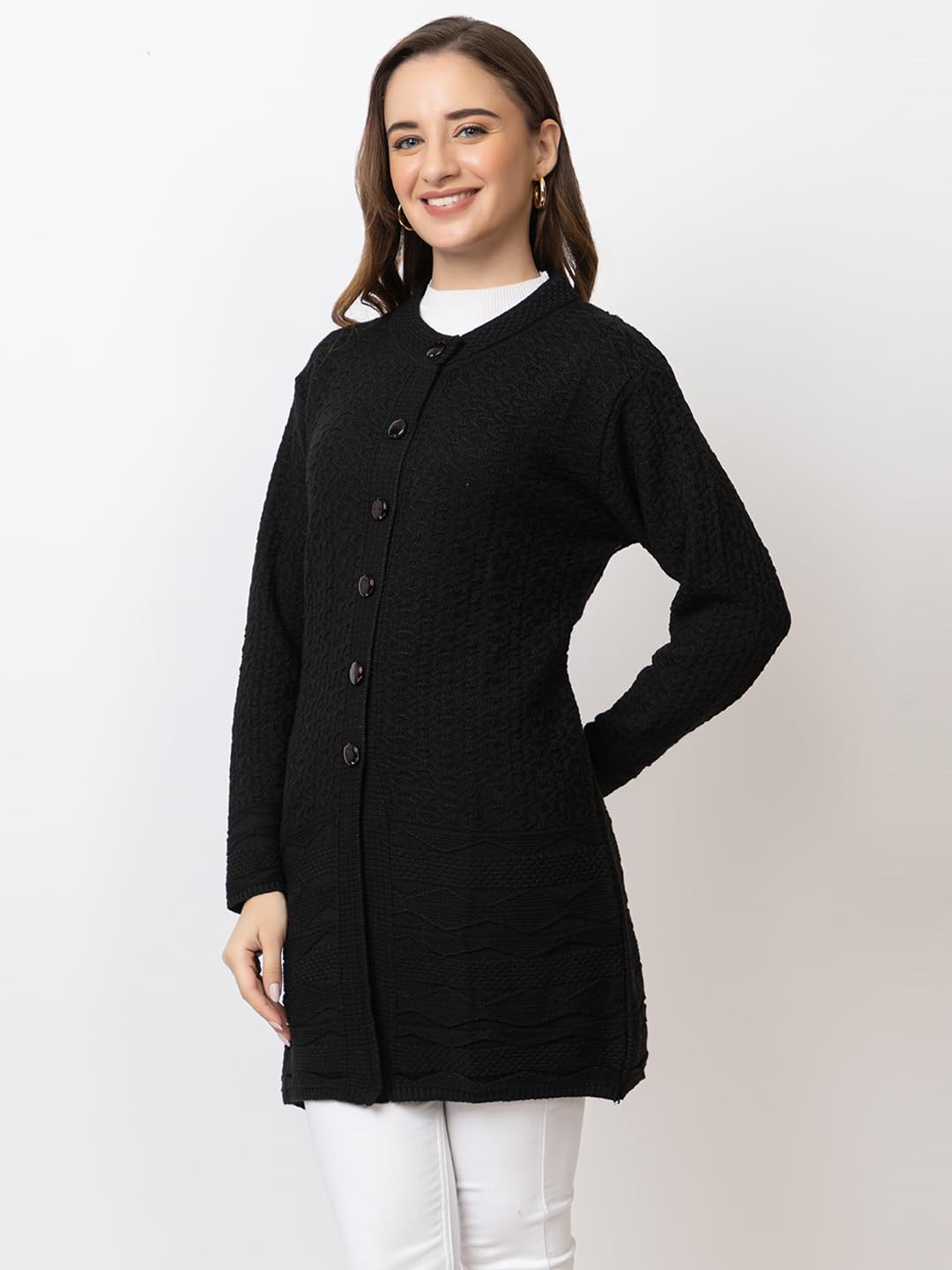 DADU DAYAL Women's Woolen Long Cardigan - Bottom Geometric Pattern Winter Coat, Warm & Stylish Knitwear