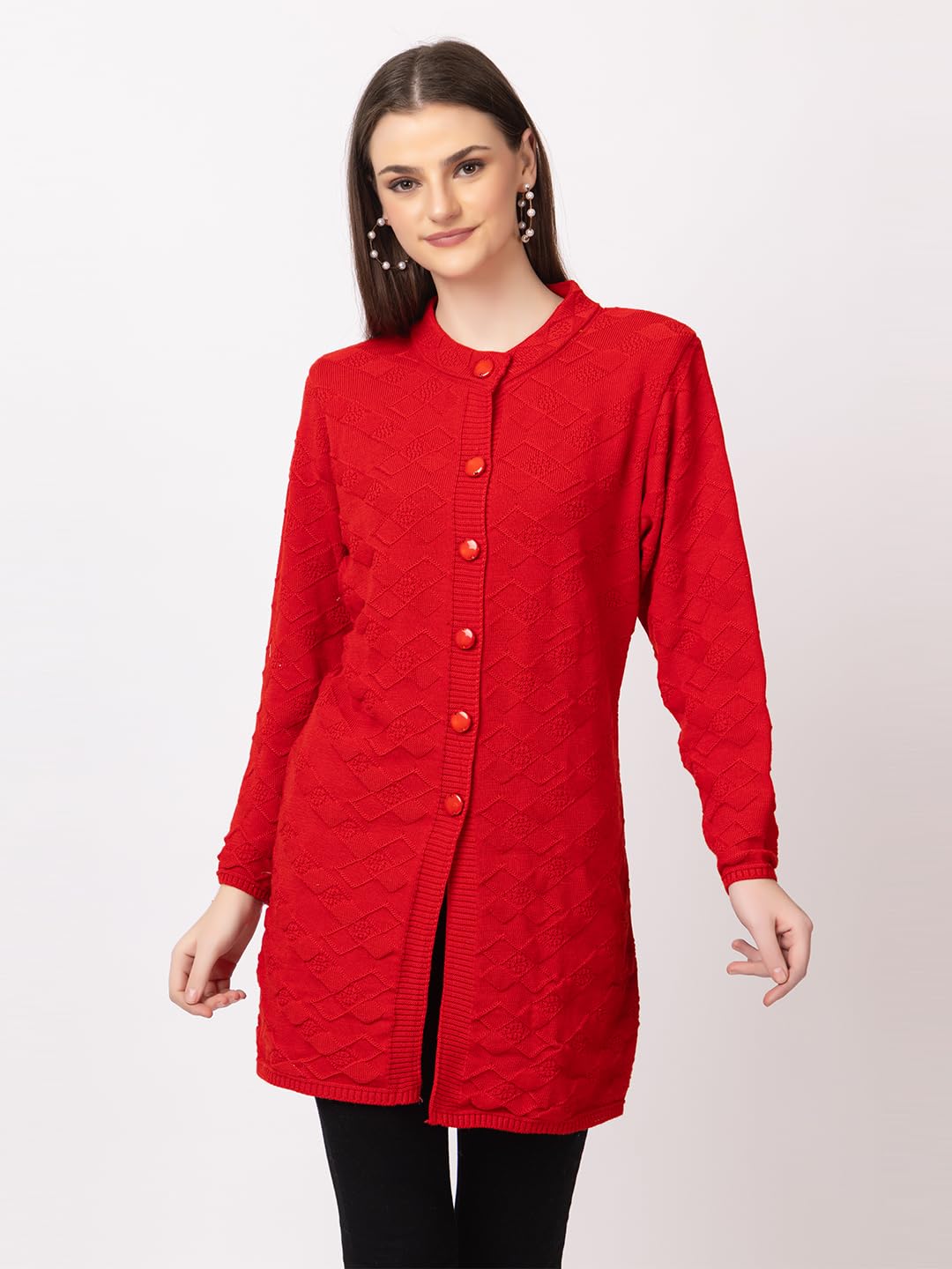 DADU DAYAL Women's Woolen Long Cardigan - Boxes Pattern Winter Coat, Warm & Stylish Knitwear
