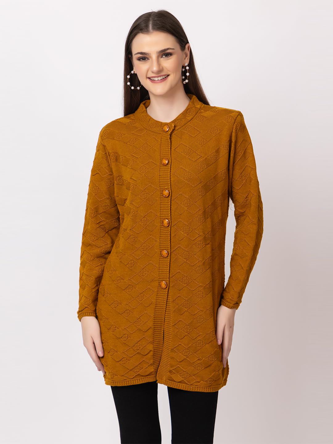 DADU DAYAL Women's Woolen Long Cardigan - Boxes Pattern Winter Coat, Warm & Stylish Knitwear
