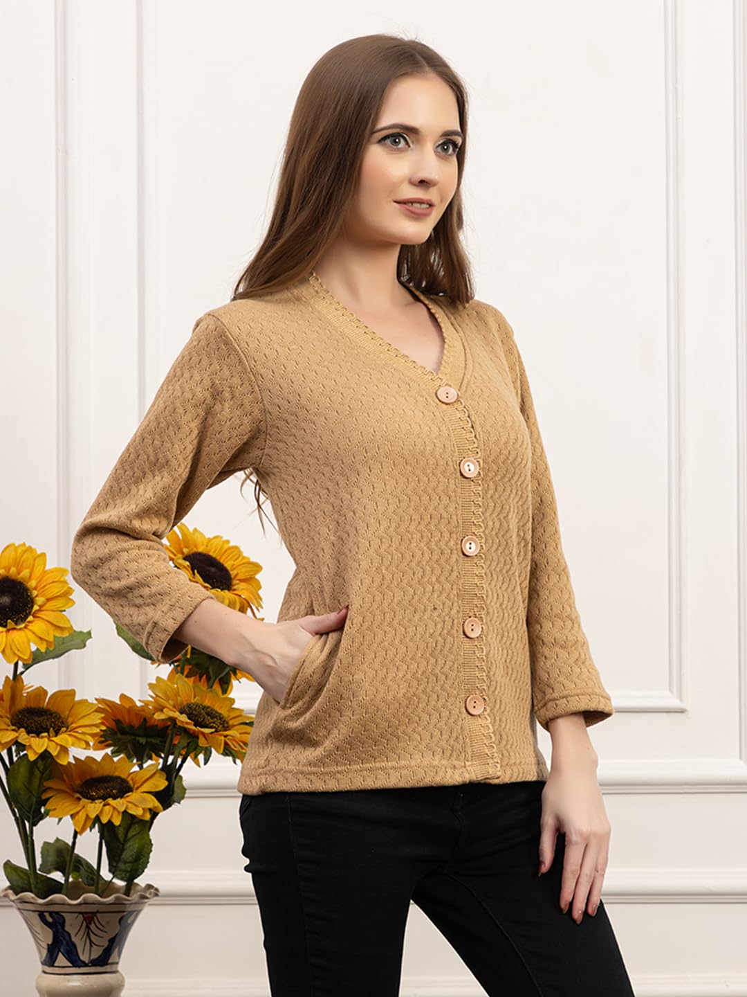 Dadu Dayal Women’s Acrylic Wool V-Neck Cardigan | Lightweight Scallop Border Buttoned Sweater | Winterwear for Women for Office, Travel, Casual Outfits | Stylish Slim Fit