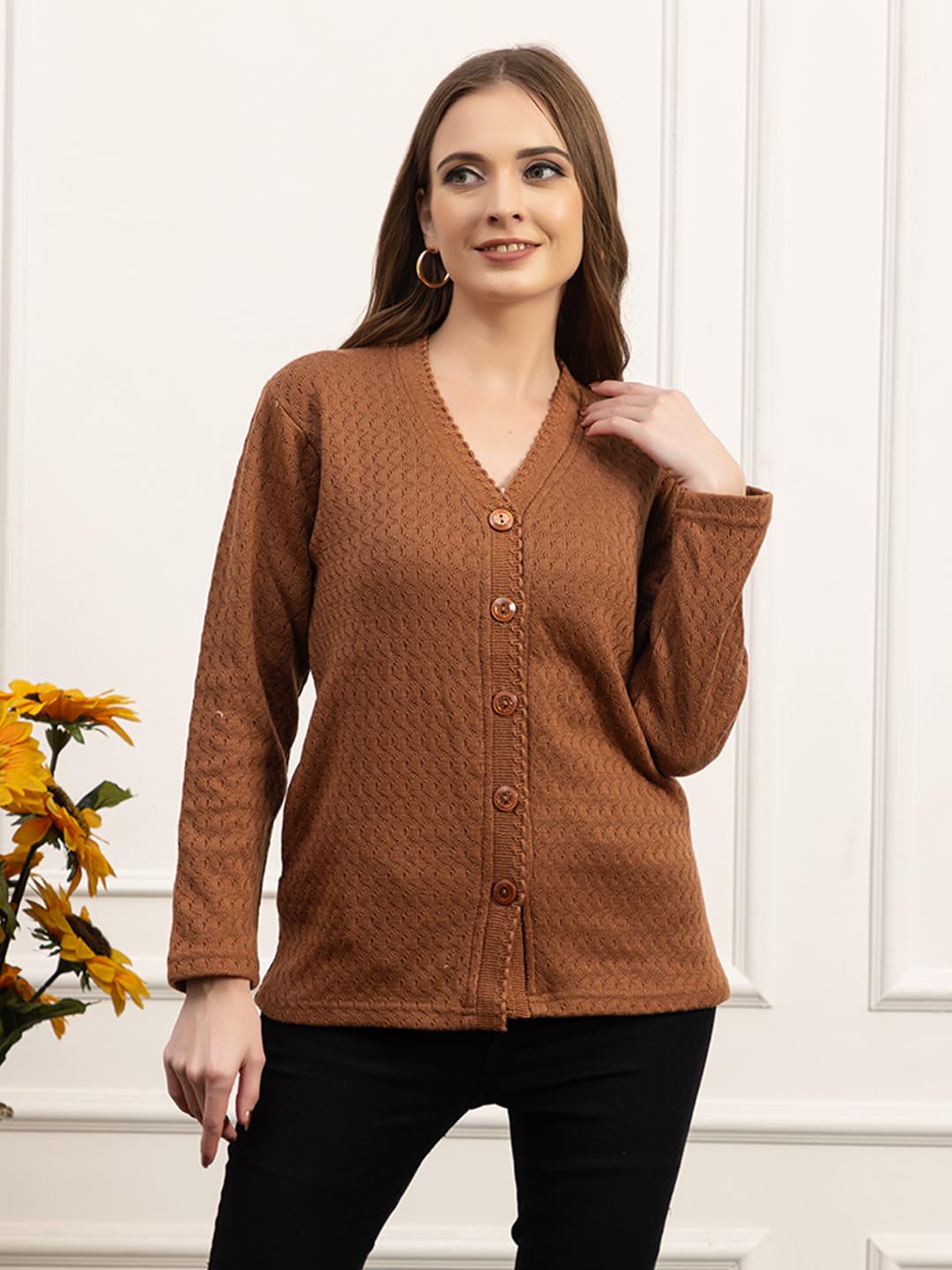 Dadu Dayal Women’s Acrylic Wool V-Neck Cardigan | Lightweight Scallop Border Buttoned Sweater | Winterwear for Women for Office, Travel, Casual Outfits | Stylish Slim Fit