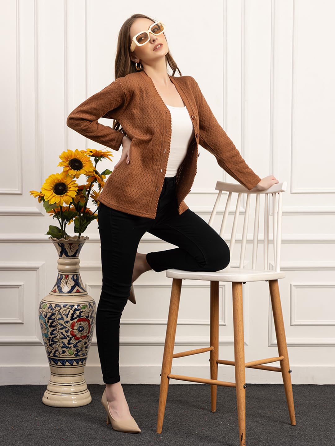 Dadu Dayal Women’s Acrylic Wool V-Neck Cardigan | Lightweight Scallop Border Buttoned Sweater | Winterwear for Women for Office, Travel, Casual Outfits | Stylish Slim Fit