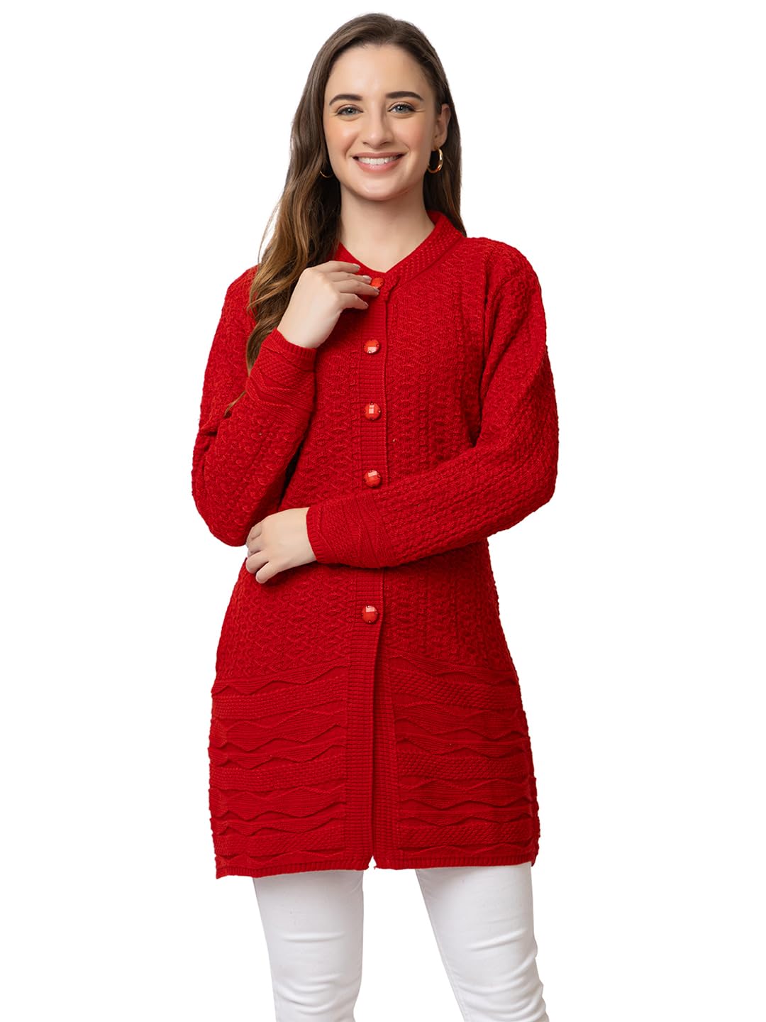 DADU DAYAL Women's Woolen Long Cardigan - Bottom Geometric Pattern Winter Coat, Warm & Stylish Knitwear