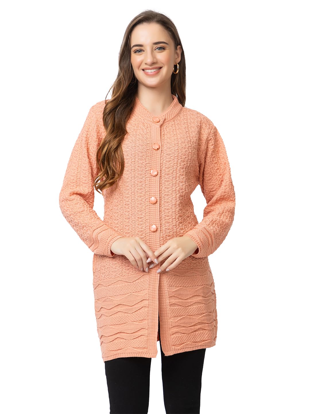 DADU DAYAL Women's Woolen Long Cardigan - Bottom Geometric Pattern Winter Coat, Warm & Stylish Knitwear