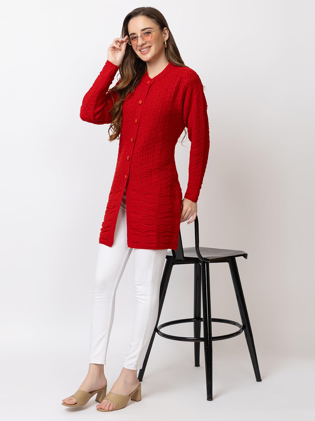 DADU DAYAL Women's Woolen Long Cardigan - Bottom Geometric Pattern Winter Coat, Warm & Stylish Knitwear