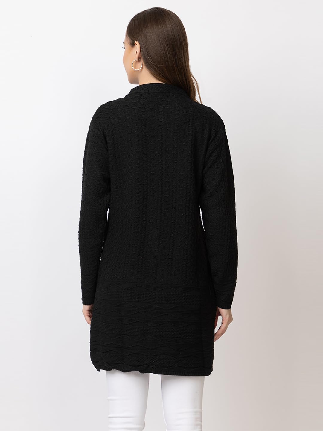 DADU DAYAL Women's Woolen Long Cardigan - Bottom Geometric Pattern Winter Coat, Warm & Stylish Knitwear