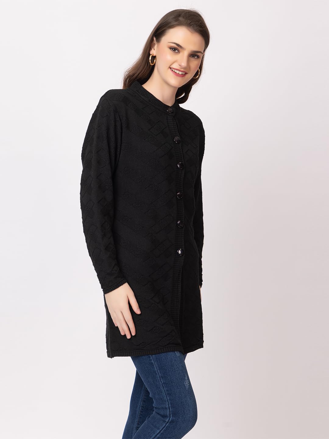 DADU DAYAL Women's Woolen Long Cardigan - Boxes Pattern Winter Coat, Warm & Stylish Knitwear