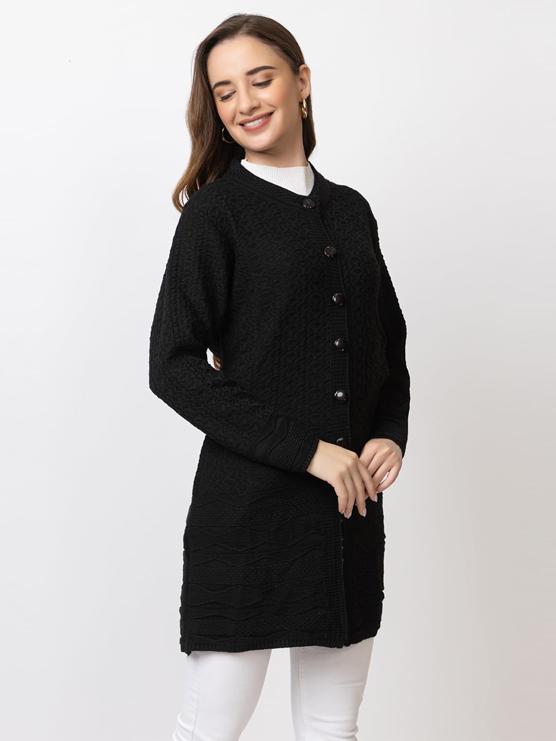 DADU DAYAL Women's Woolen Long Cardigan - Bottom Geometric Pattern Winter Coat, Warm & Stylish Knitwear