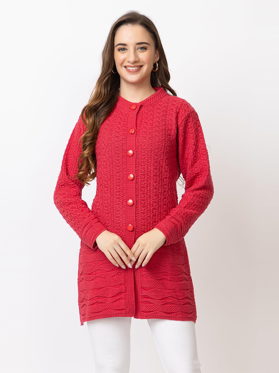 DADU DAYAL Women's Woolen Long Cardigan - Bottom Geometric Pattern Winter Coat, Warm & Stylish Knitwear