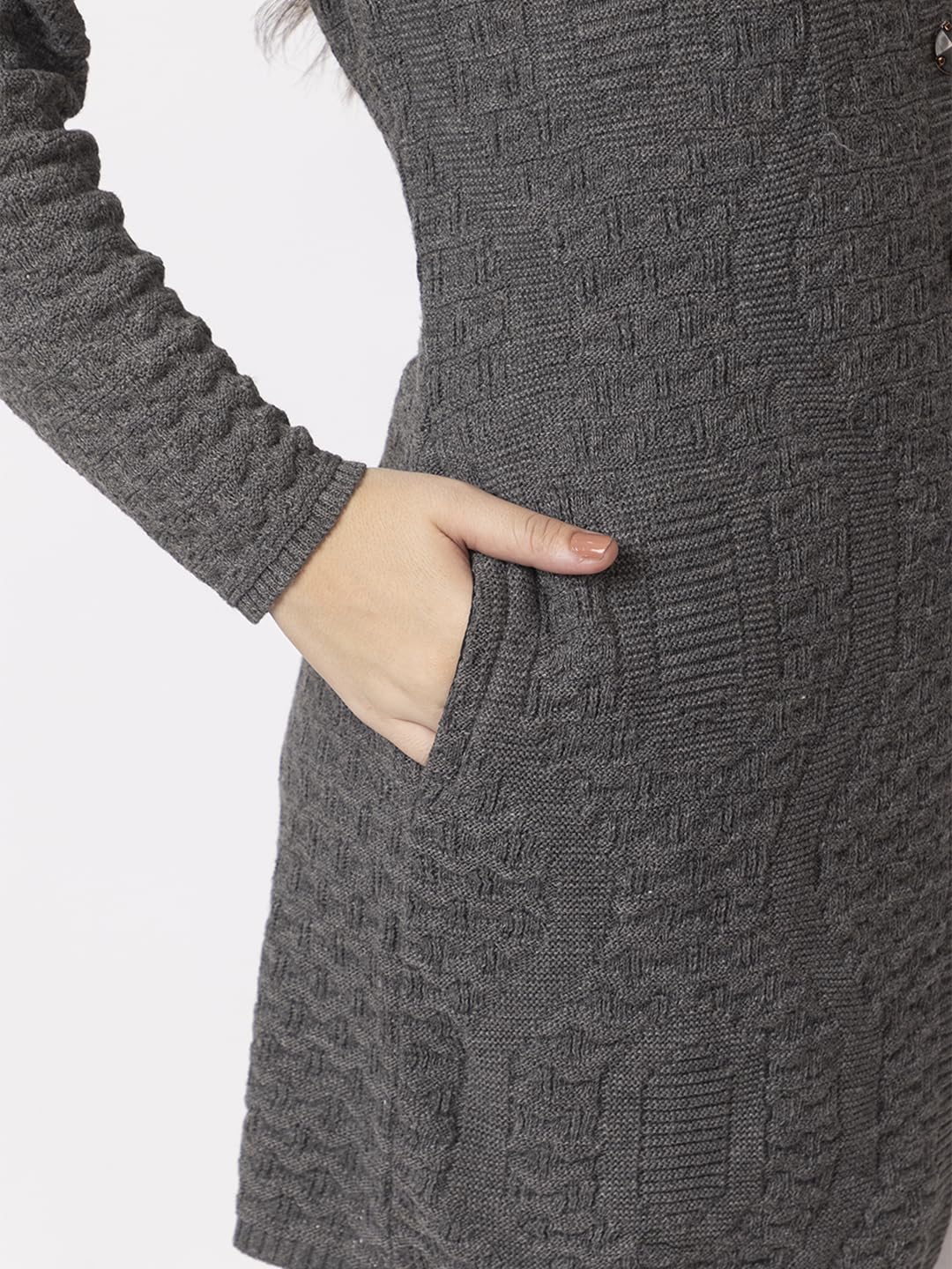 DADU DAYAL Women's Woolen Long Cardigan - Waves Pattern Winter Coat, Warm & Stylish Knitwear