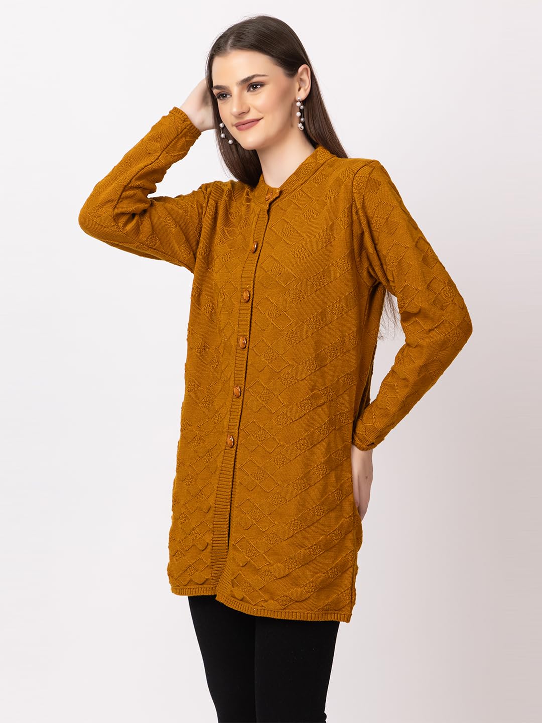 DADU DAYAL Women's Woolen Long Cardigan - Boxes Pattern Winter Coat, Warm & Stylish Knitwear