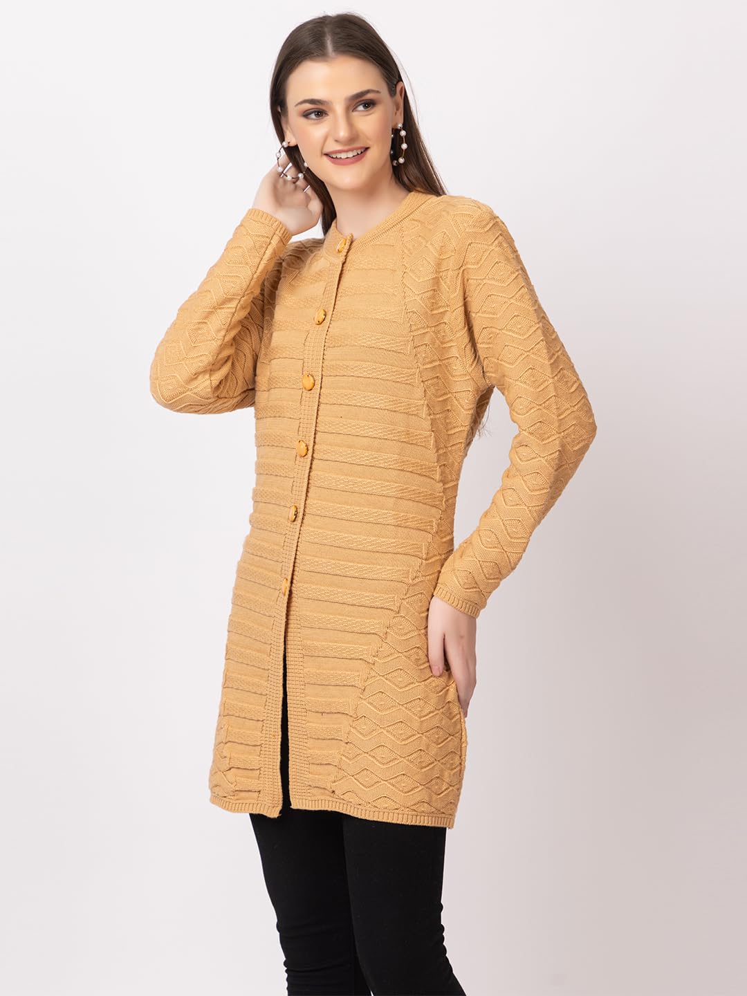DADU DAYAL Women's Woolen Cardigan - Long Horizontal Lines Geometric Pattern Winter Coat, Warm & Stylish Knitwear