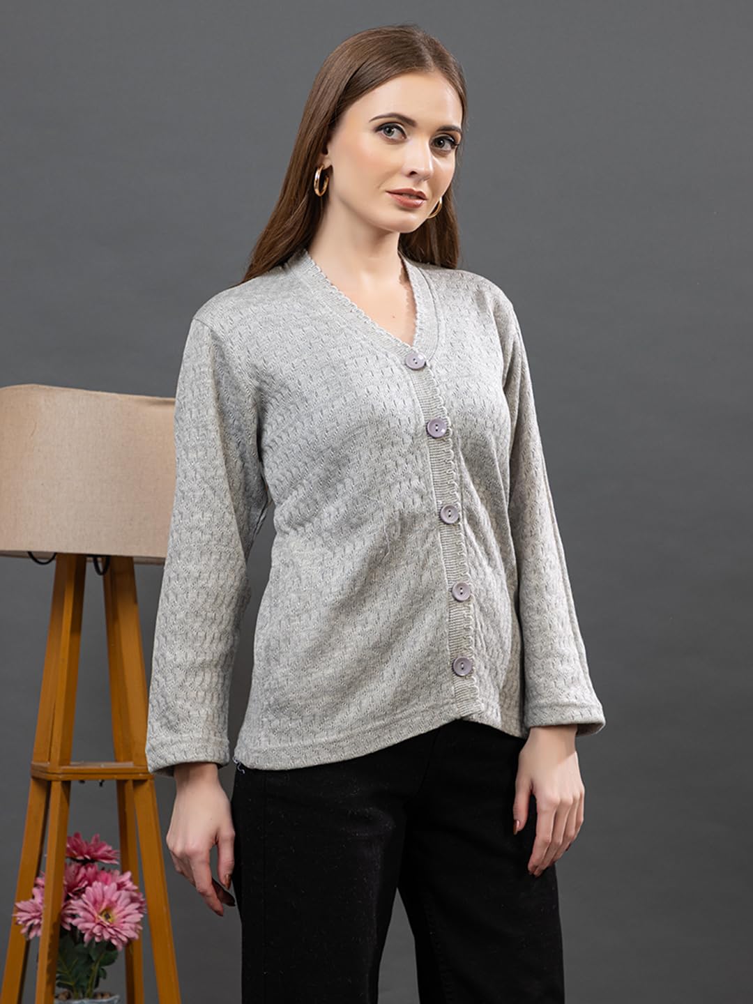 Dadu Dayal Women’s Acrylic Wool V-Neck Cardigan | Lightweight Scallop Border Buttoned Sweater | Winterwear for Women for Office, Travel, Casual Outfits | Stylish Slim Fit