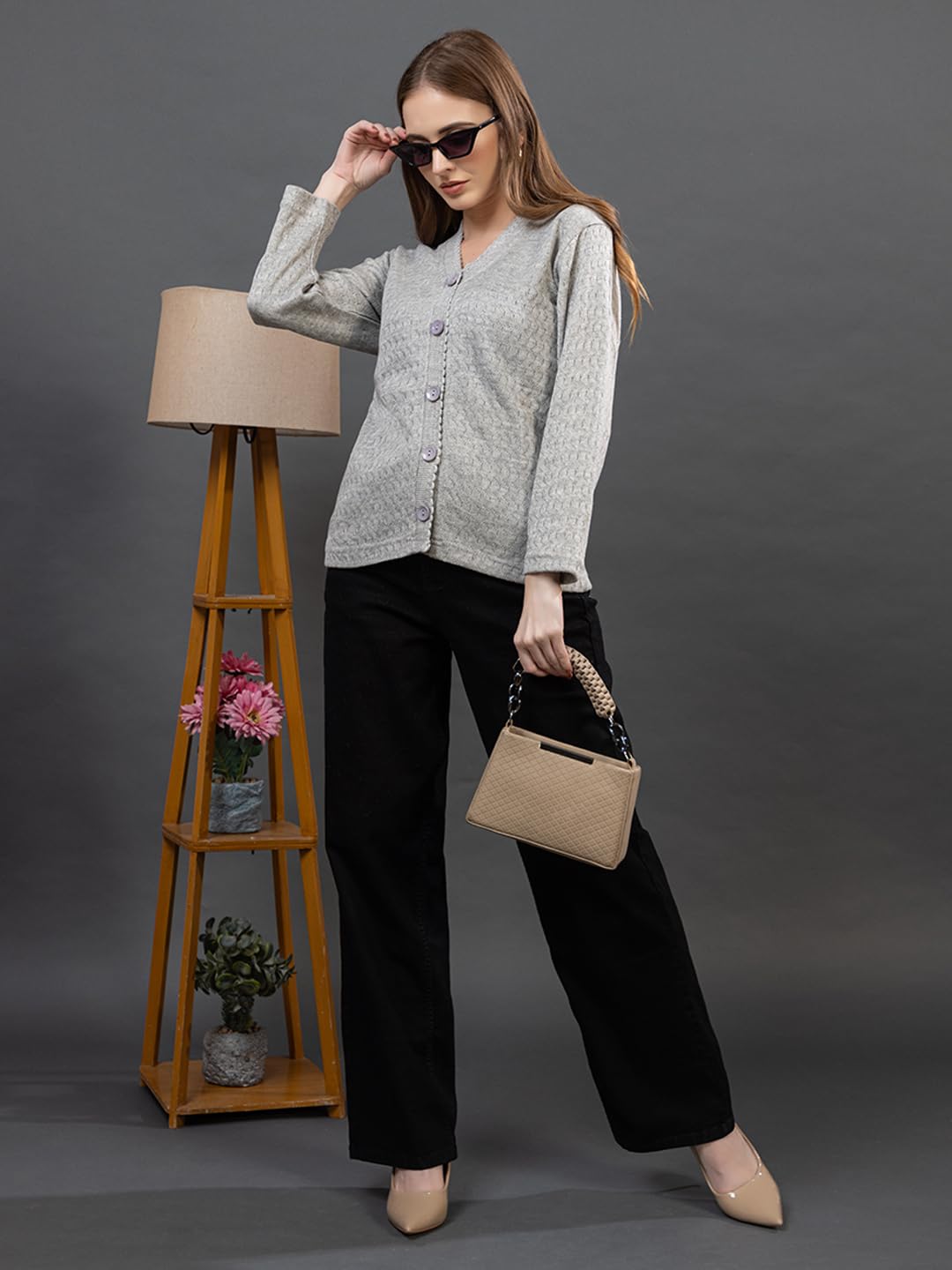 Dadu Dayal Women’s Acrylic Wool V-Neck Cardigan | Lightweight Scallop Border Buttoned Sweater | Winterwear for Women for Office, Travel, Casual Outfits | Stylish Slim Fit