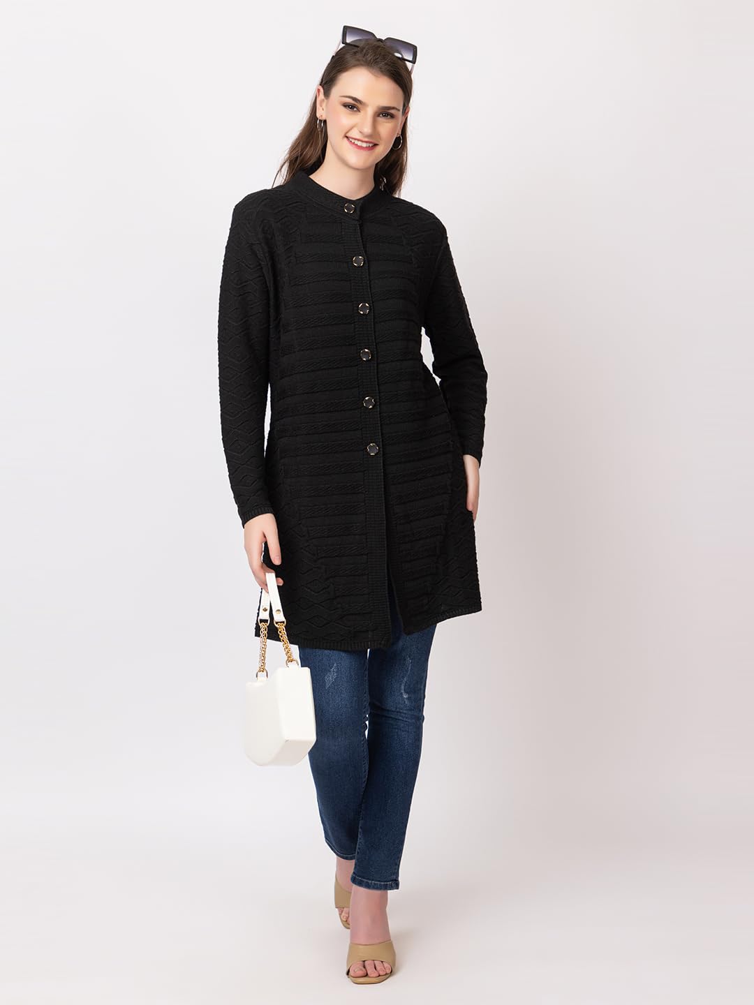 DADU DAYAL Women's Woolen Cardigan - Long Horizontal Lines Geometric Pattern Winter Coat, Warm & Stylish Knitwear