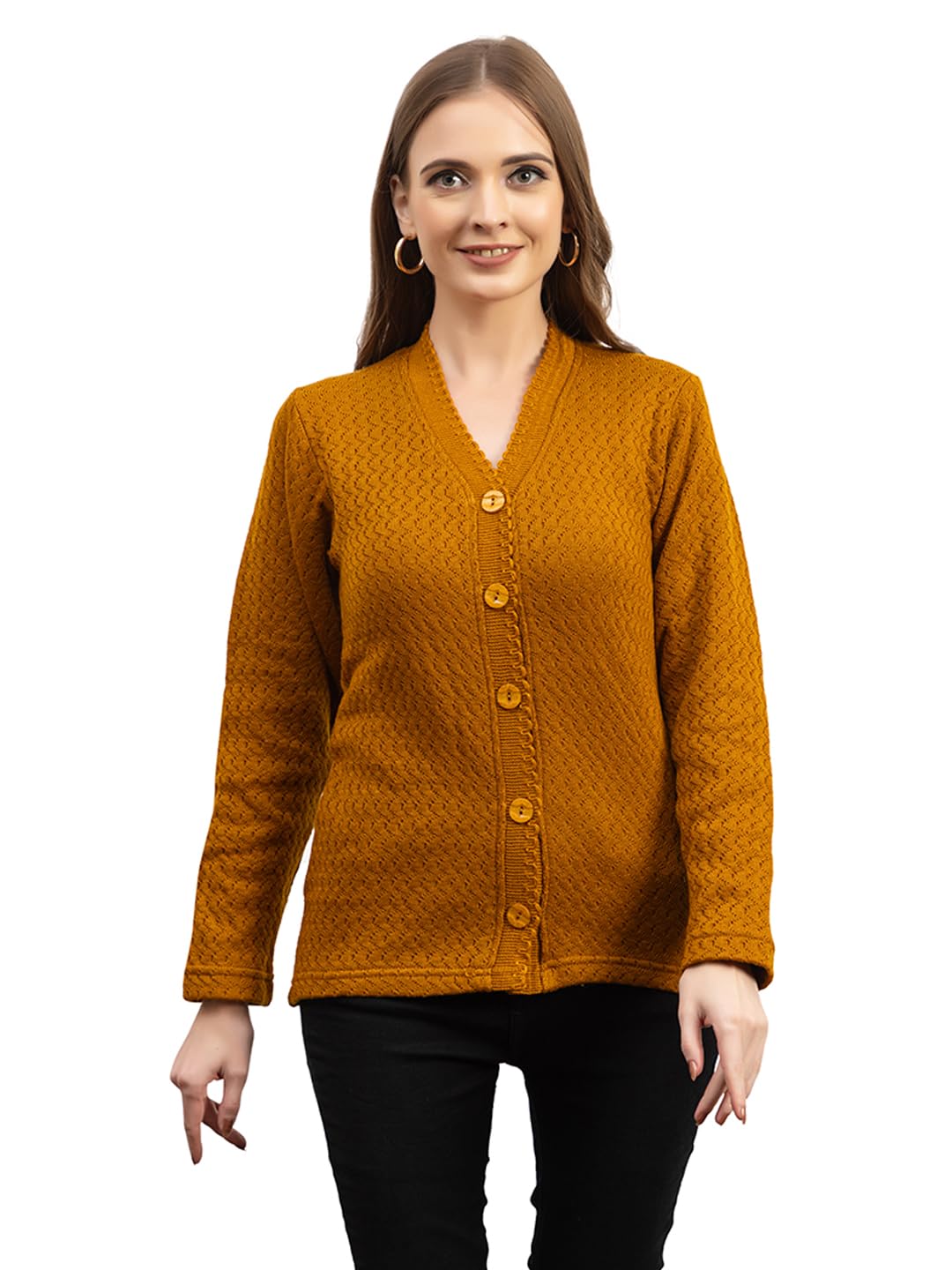 Dadu Dayal Women’s Acrylic Wool V-Neck Cardigan | Lightweight Scallop Border Buttoned Sweater | Winterwear for Women for Office, Travel, Casual Outfits | Stylish Slim Fit