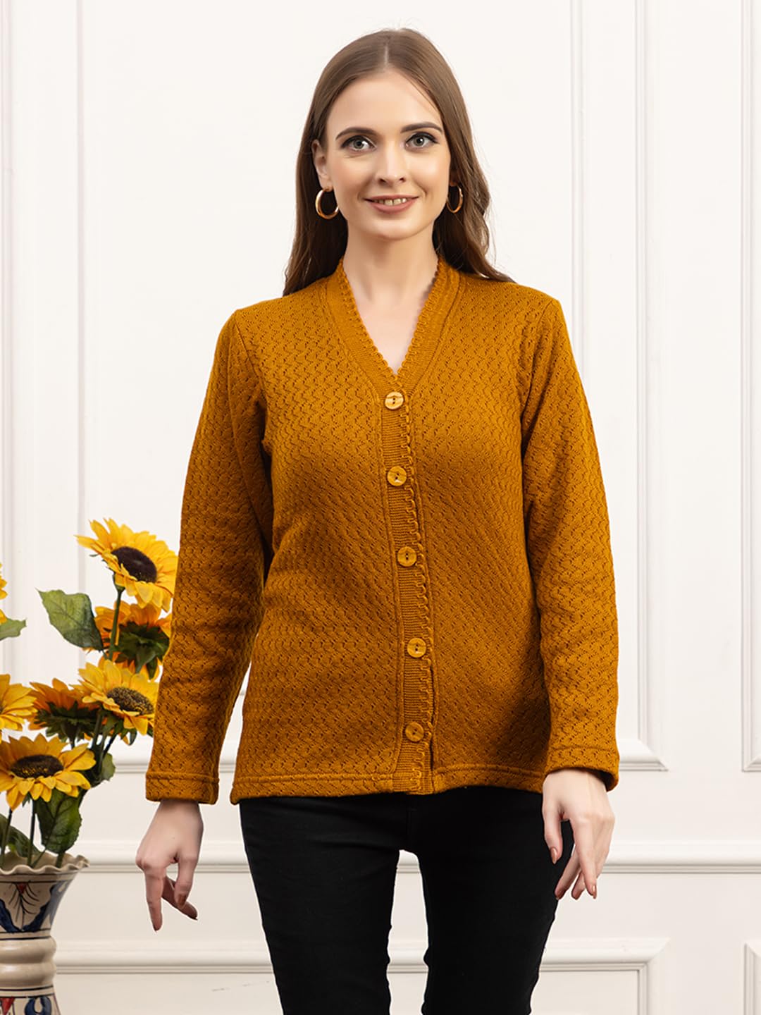Dadu Dayal Women’s Acrylic Wool V-Neck Cardigan | Lightweight Scallop Border Buttoned Sweater | Winterwear for Women for Office, Travel, Casual Outfits | Stylish Slim Fit