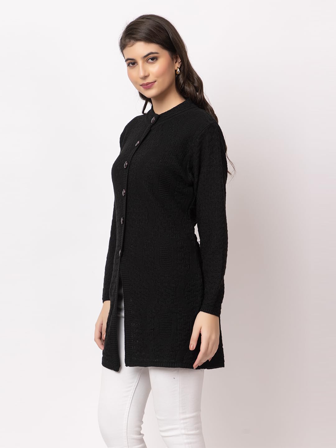 DADU DAYAL Women's Woolen Long Cardigan - Waves Pattern Winter Coat, Warm & Stylish Knitwear