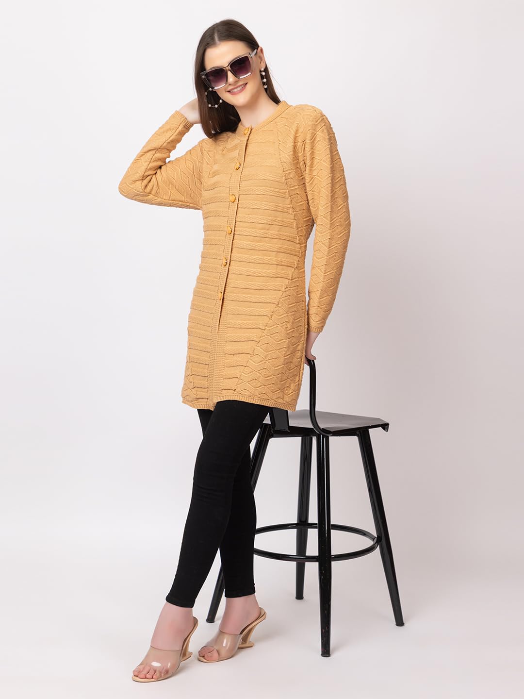DADU DAYAL Women's Woolen Cardigan - Long Horizontal Lines Geometric Pattern Winter Coat, Warm & Stylish Knitwear