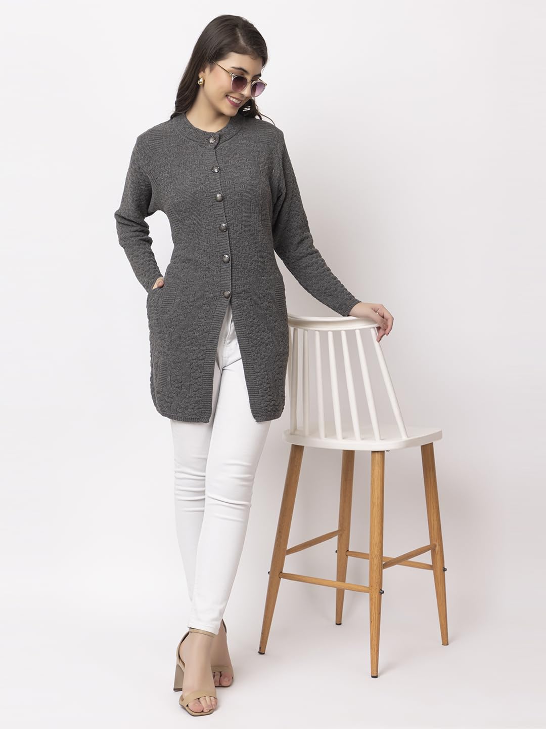 DADU DAYAL Women's Woolen Long Cardigan - Waves Pattern Winter Coat, Warm & Stylish Knitwear