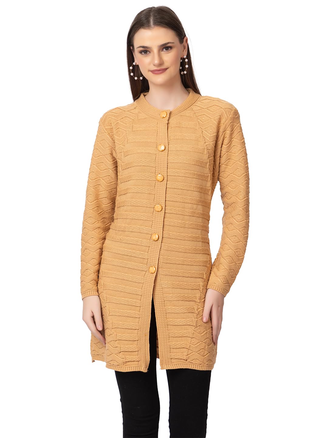 DADU DAYAL Women's Woolen Cardigan - Long Horizontal Lines Geometric Pattern Winter Coat, Warm & Stylish Knitwear