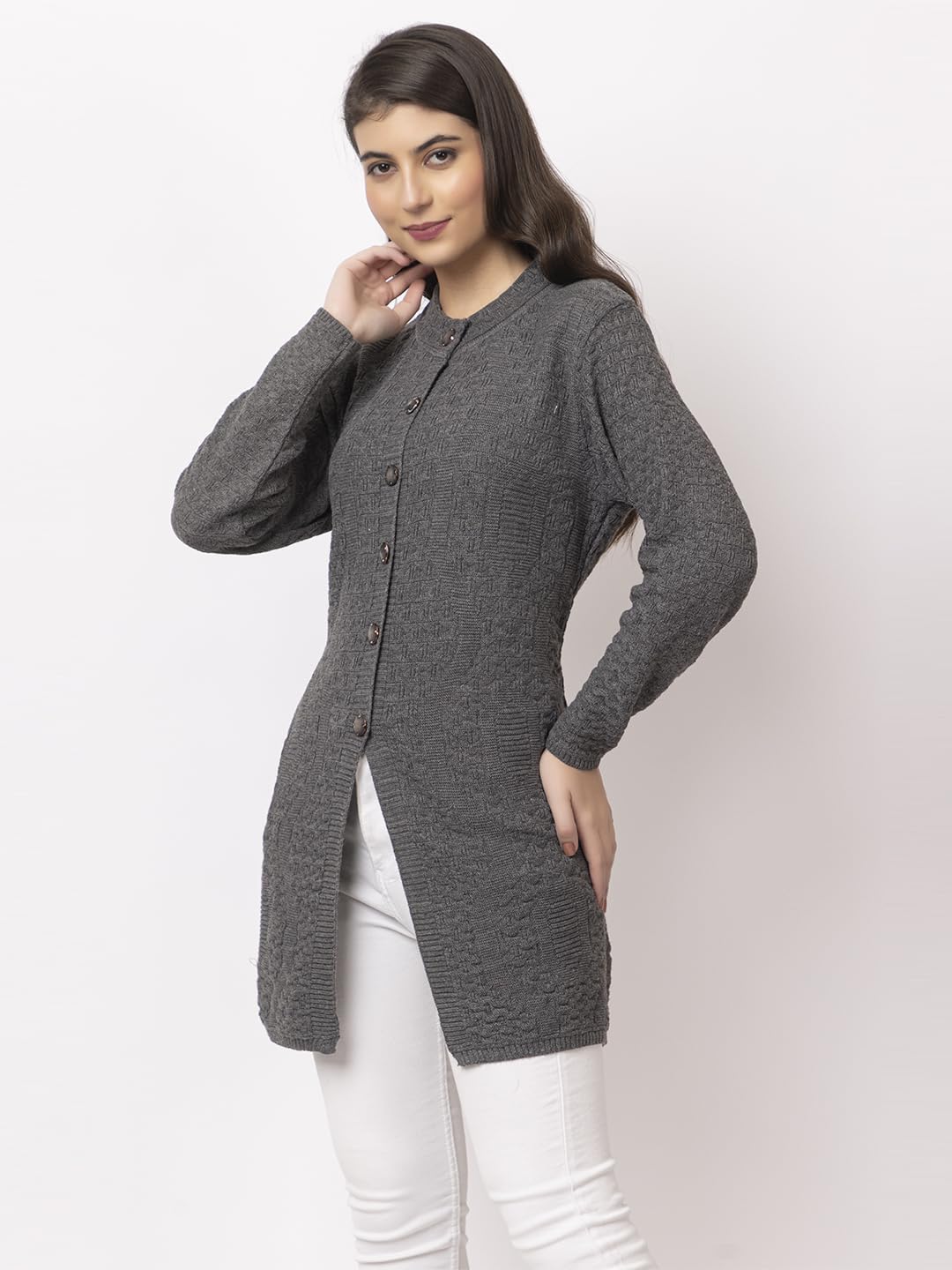 DADU DAYAL Women's Woolen Long Cardigan - Waves Pattern Winter Coat, Warm & Stylish Knitwear