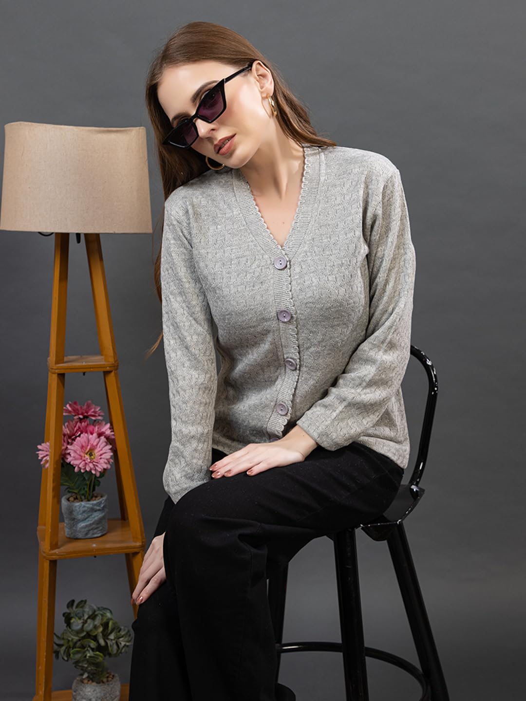 Dadu Dayal Women’s Acrylic Wool V-Neck Cardigan | Lightweight Scallop Border Buttoned Sweater | Winterwear for Women for Office, Travel, Casual Outfits | Stylish Slim Fit