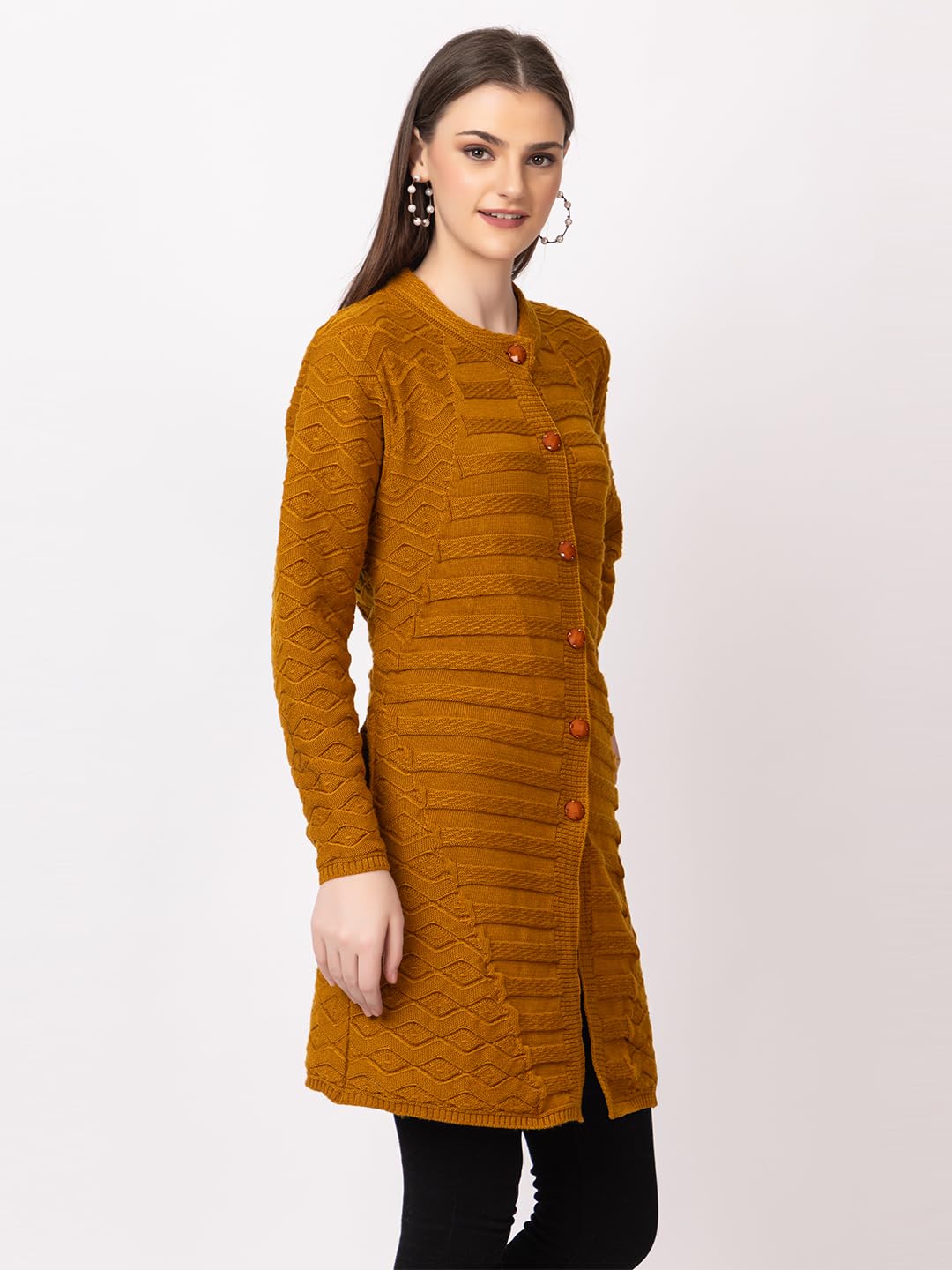 DADU DAYAL Women's Woolen Cardigan - Long Horizontal Lines Geometric Pattern Winter Coat, Warm & Stylish Knitwear