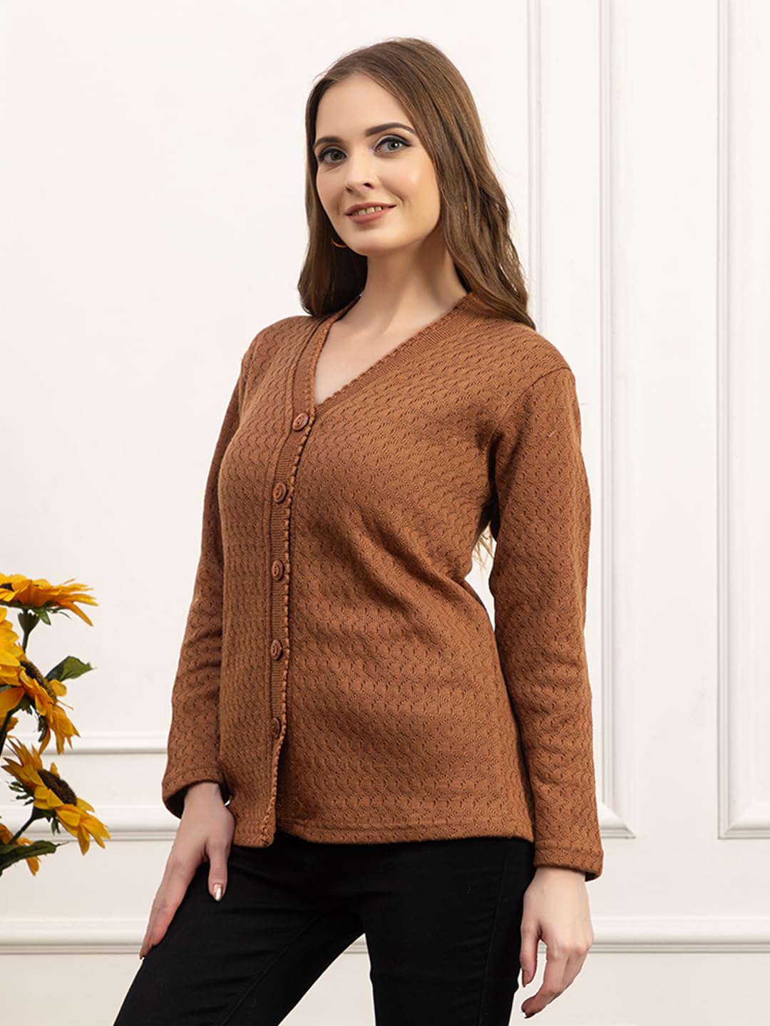 Dadu Dayal Women’s Acrylic Wool V-Neck Cardigan | Lightweight Scallop Border Buttoned Sweater | Winterwear for Women for Office, Travel, Casual Outfits | Stylish Slim Fit