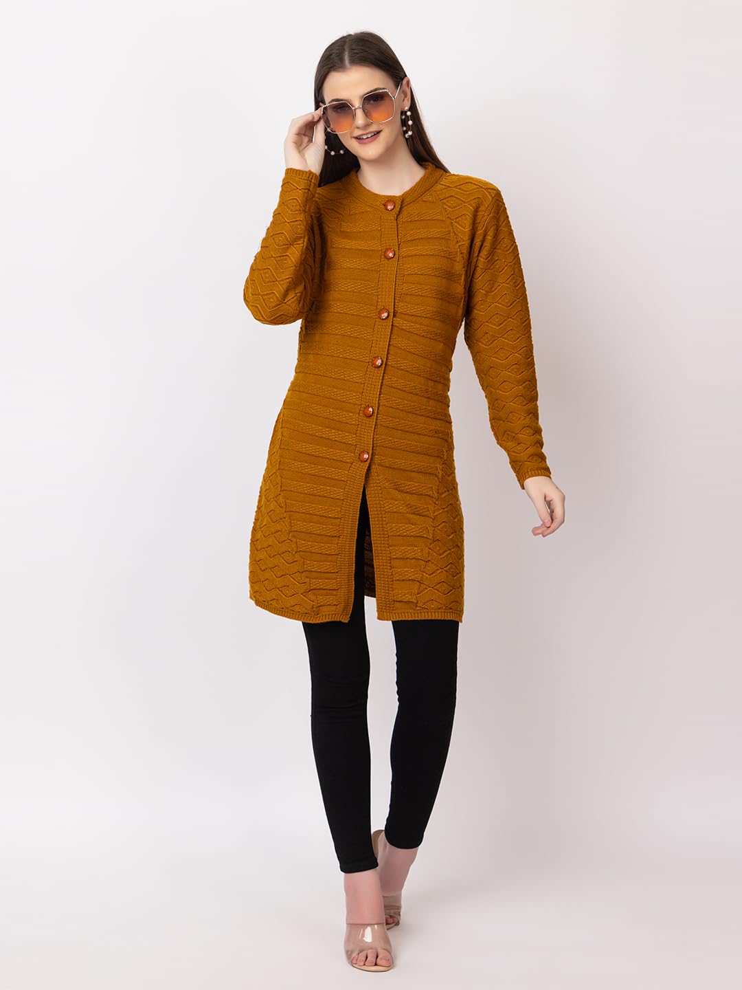 DADU DAYAL Women's Woolen Cardigan - Long Horizontal Lines Geometric Pattern Winter Coat, Warm & Stylish Knitwear