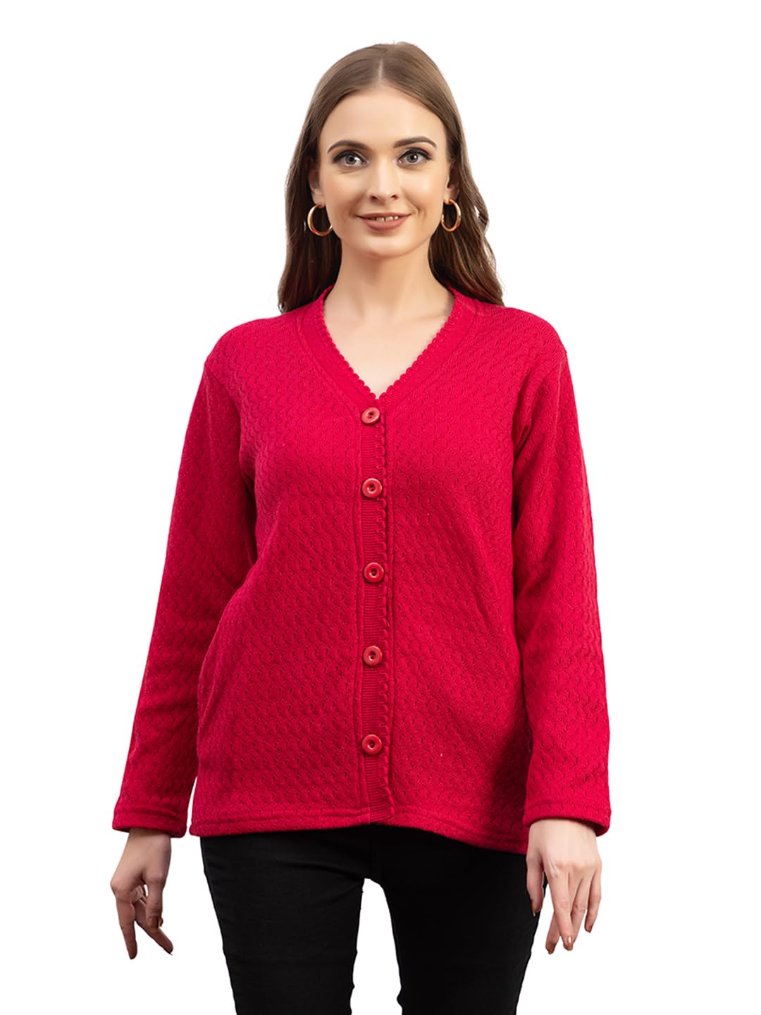 Dadu Dayal Women’s Acrylic Wool V-Neck Cardigan | Lightweight Scallop Border Buttoned Sweater | Winterwear for Women for Office, Travel, Casual Outfits | Stylish Slim Fit