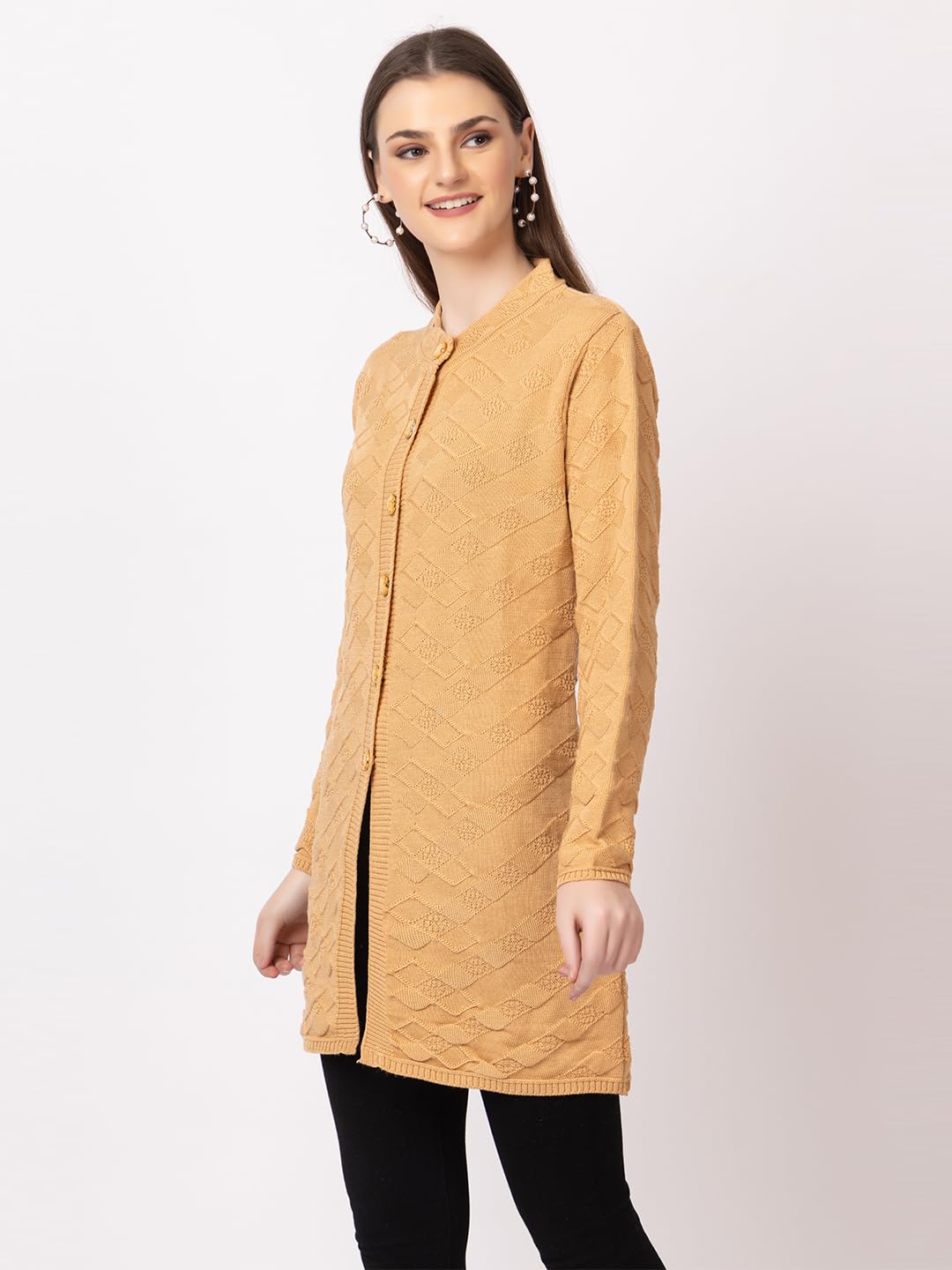 DADU DAYAL Women's Woolen Long Cardigan - Boxes Pattern Winter Coat, Warm & Stylish Knitwear