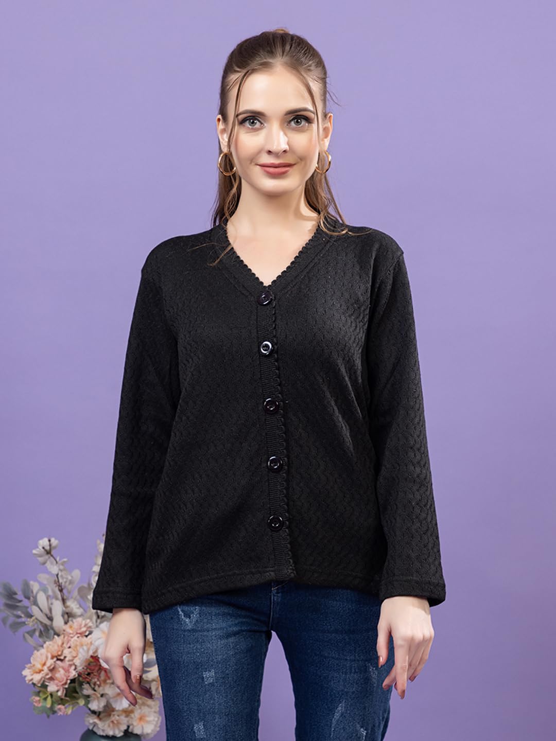 Dadu Dayal Women’s Acrylic Wool V-Neck Cardigan | Lightweight Scallop Border Buttoned Sweater | Winterwear for Women for Office, Travel, Casual Outfits | Stylish Slim Fit