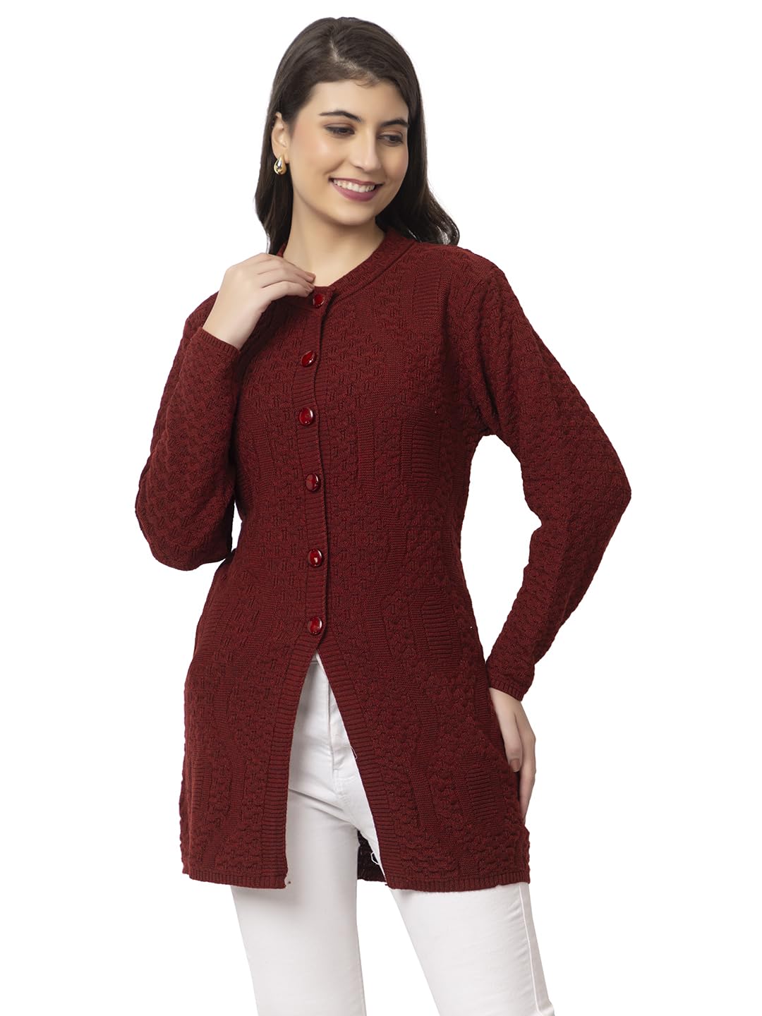 DADU DAYAL Women's Woolen Long Cardigan - Waves Pattern Winter Coat, Warm & Stylish Knitwear