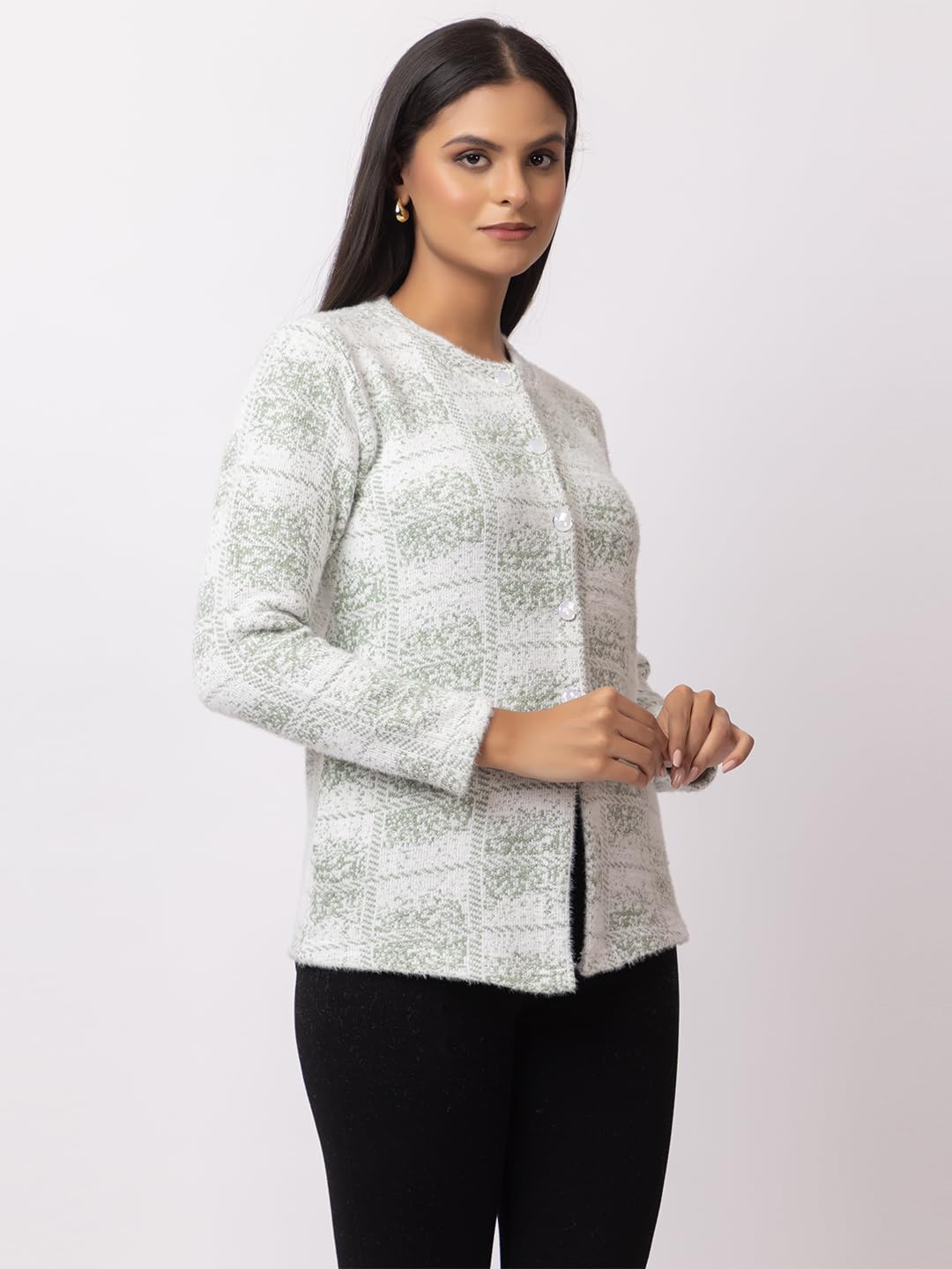 Dadu Dayal Checkered Women's Premium Woolen Cardigan - Stylish Winter Sweater, Full Sleeve, Soft & Warm Knitwear with Elegant Design for Comfort & Style Green