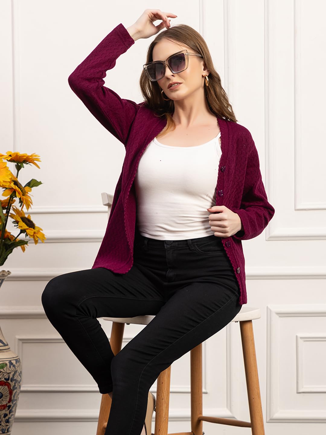 Dadu Dayal Women’s Acrylic Wool V-Neck Cardigan | Lightweight Scallop Border Buttoned Sweater | Winterwear for Women for Office, Travel, Casual Outfits | Stylish Slim Fit