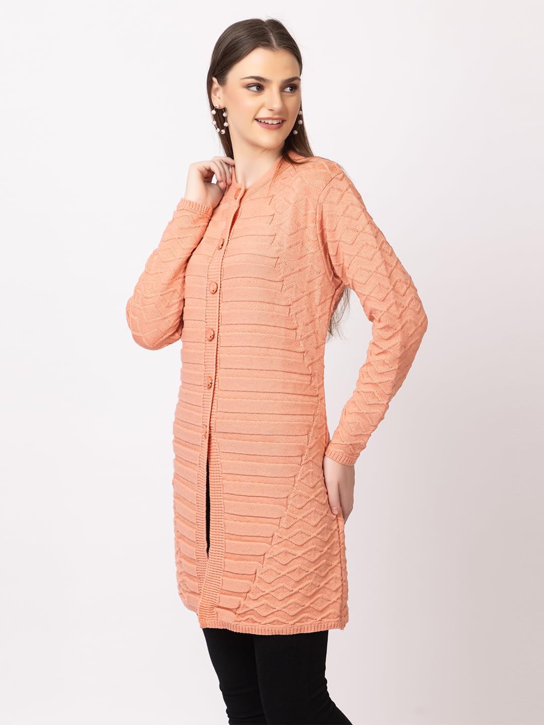 DADU DAYAL Women's Woolen Cardigan - Long Horizontal Lines Geometric Pattern Winter Coat, Warm & Stylish Knitwear