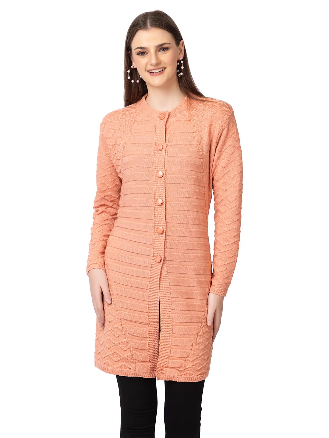 DADU DAYAL Women's Woolen Cardigan - Long Horizontal Lines Geometric Pattern Winter Coat, Warm & Stylish Knitwear