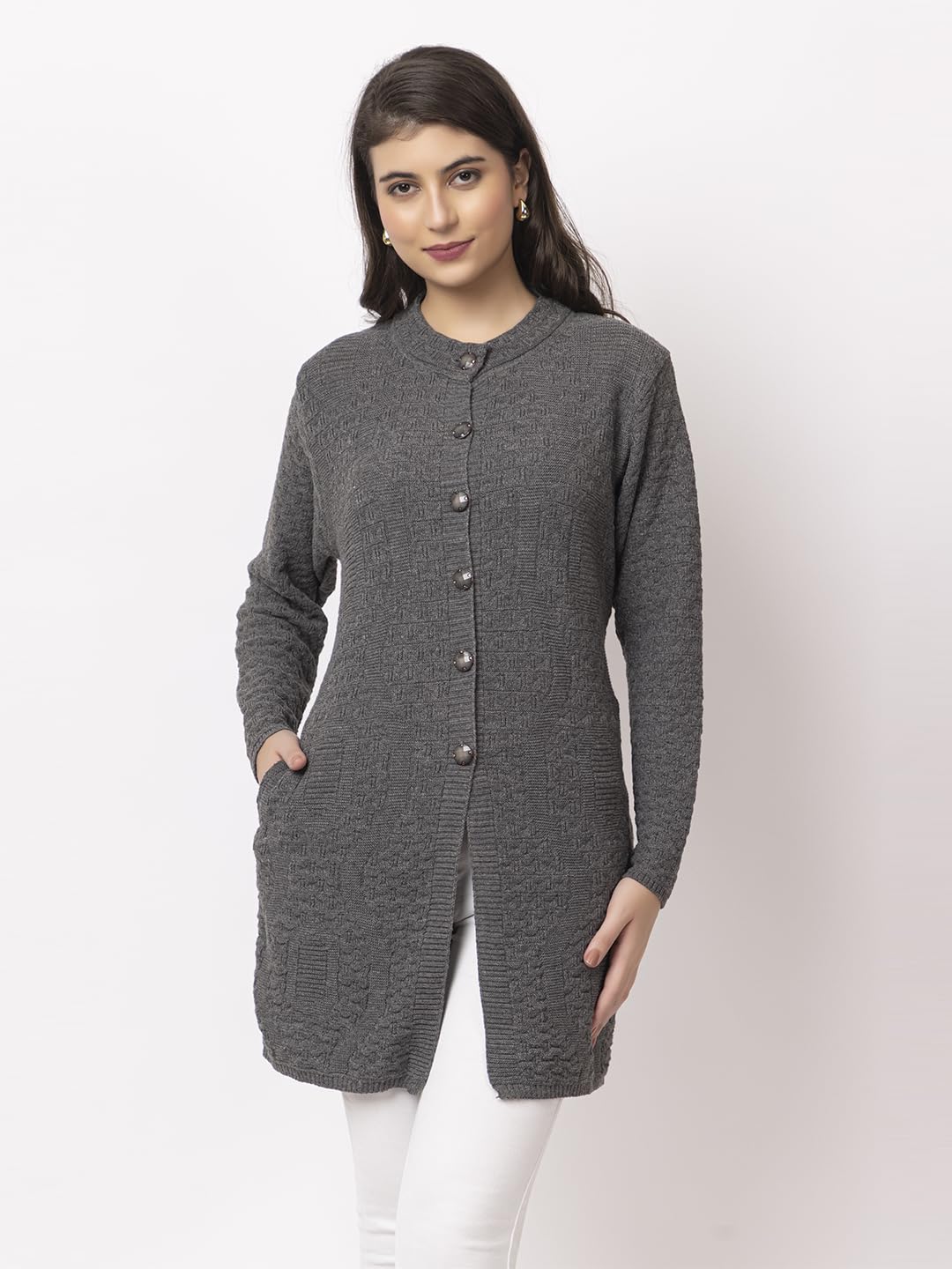 DADU DAYAL Women's Woolen Long Cardigan - Waves Pattern Winter Coat, Warm & Stylish Knitwear